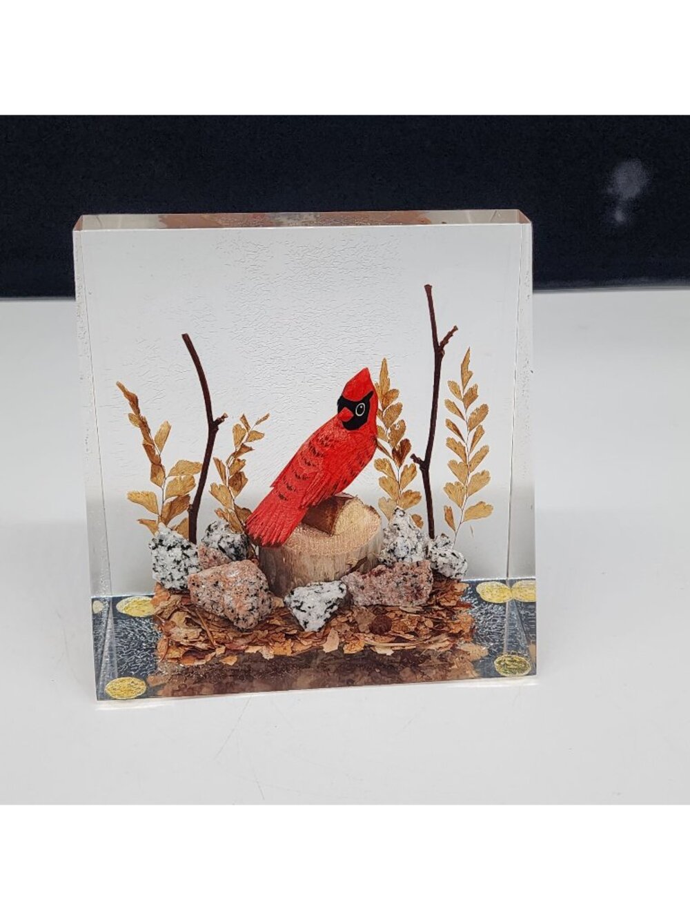 Handcrafted Cardinal Bird Acrylic Paperweight Bookend Natural Accents & UV Glow